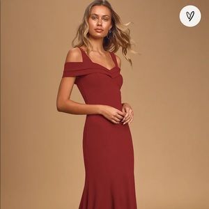 Lulu’s Amaze Me Wine Red Off-the-Shoulder Maxi Dress